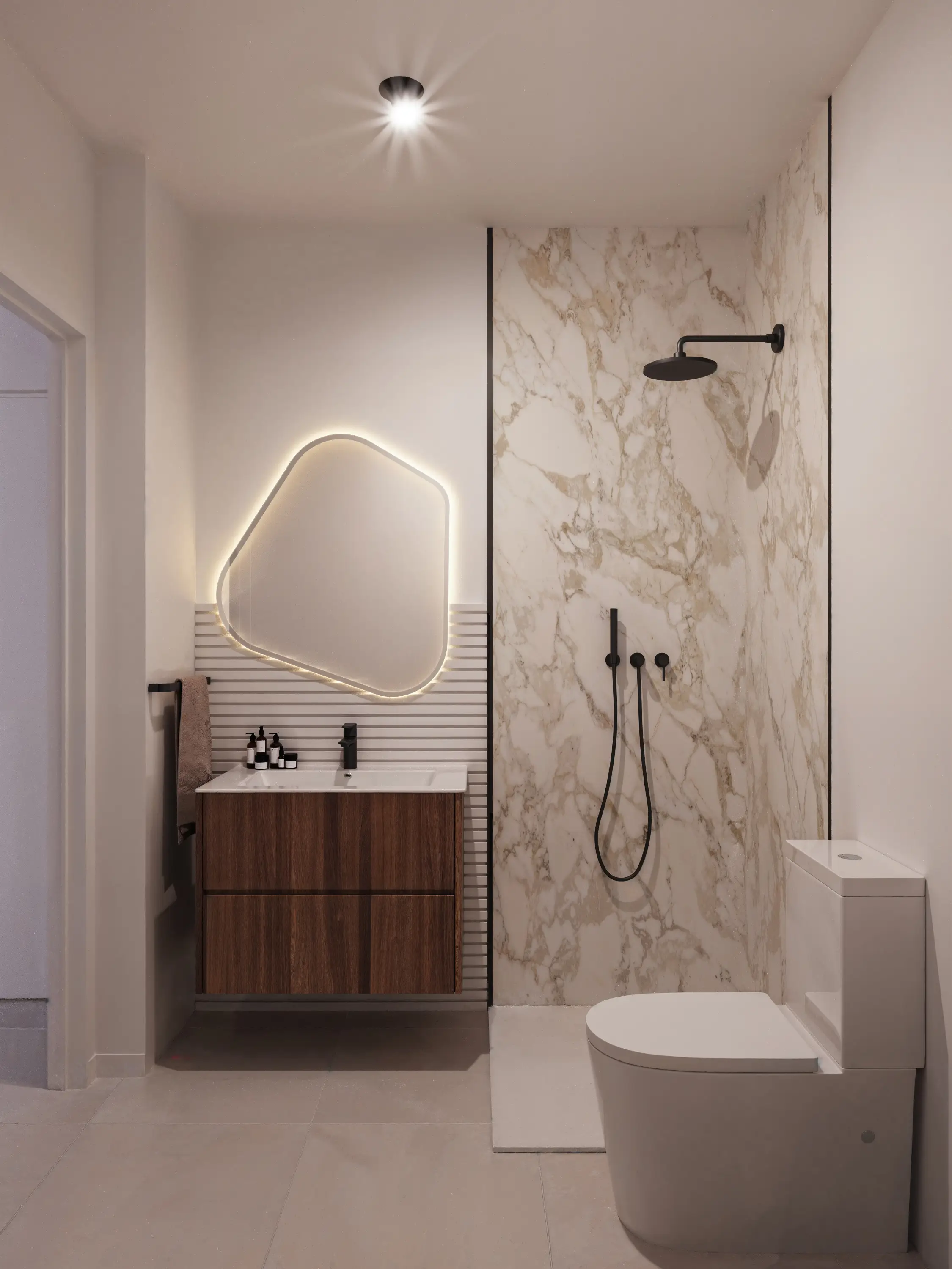 Second bathroom with a marble-effect shower wall and walnut vanity unit