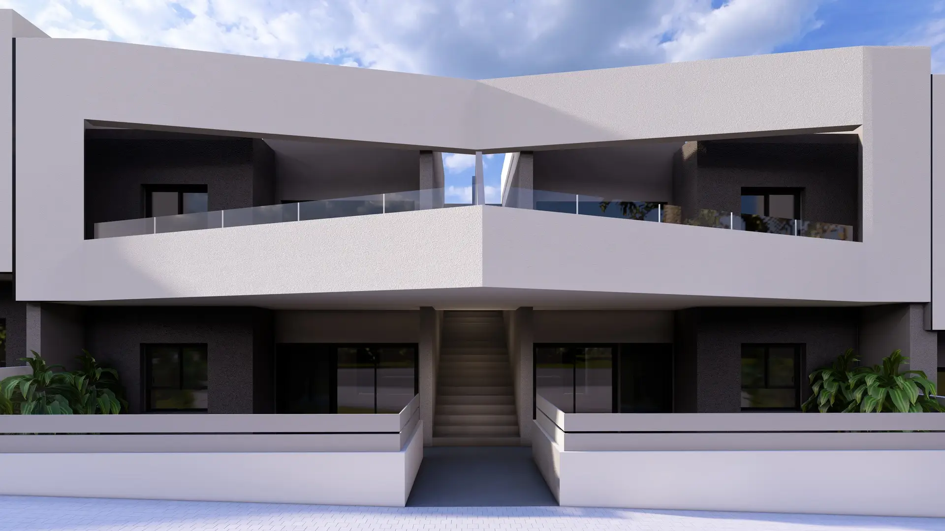 Front elevation of a Horizon Resort II block showing the external staircase to the top-floor homes