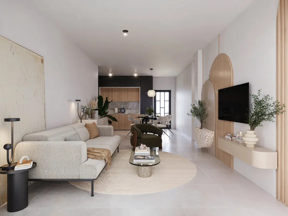 Living room looking through to the kitchen, with a fluted oak media wall