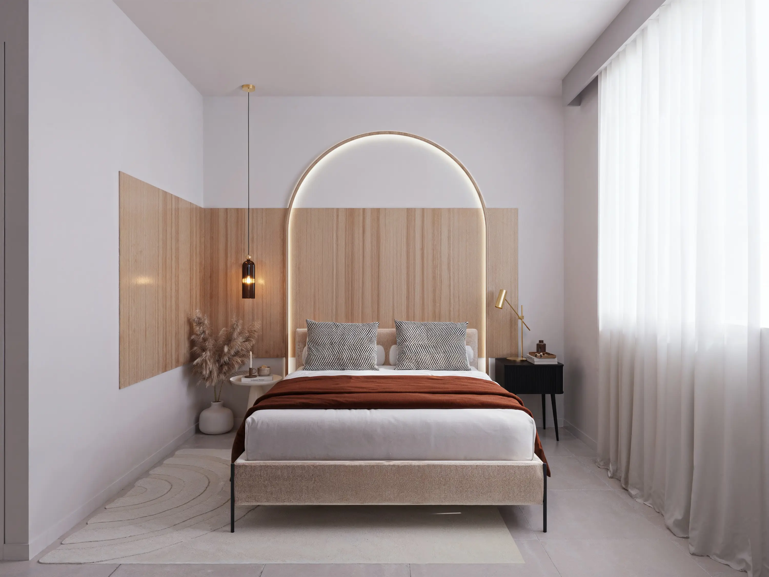 Main bedroom with a backlit arched oak headboard