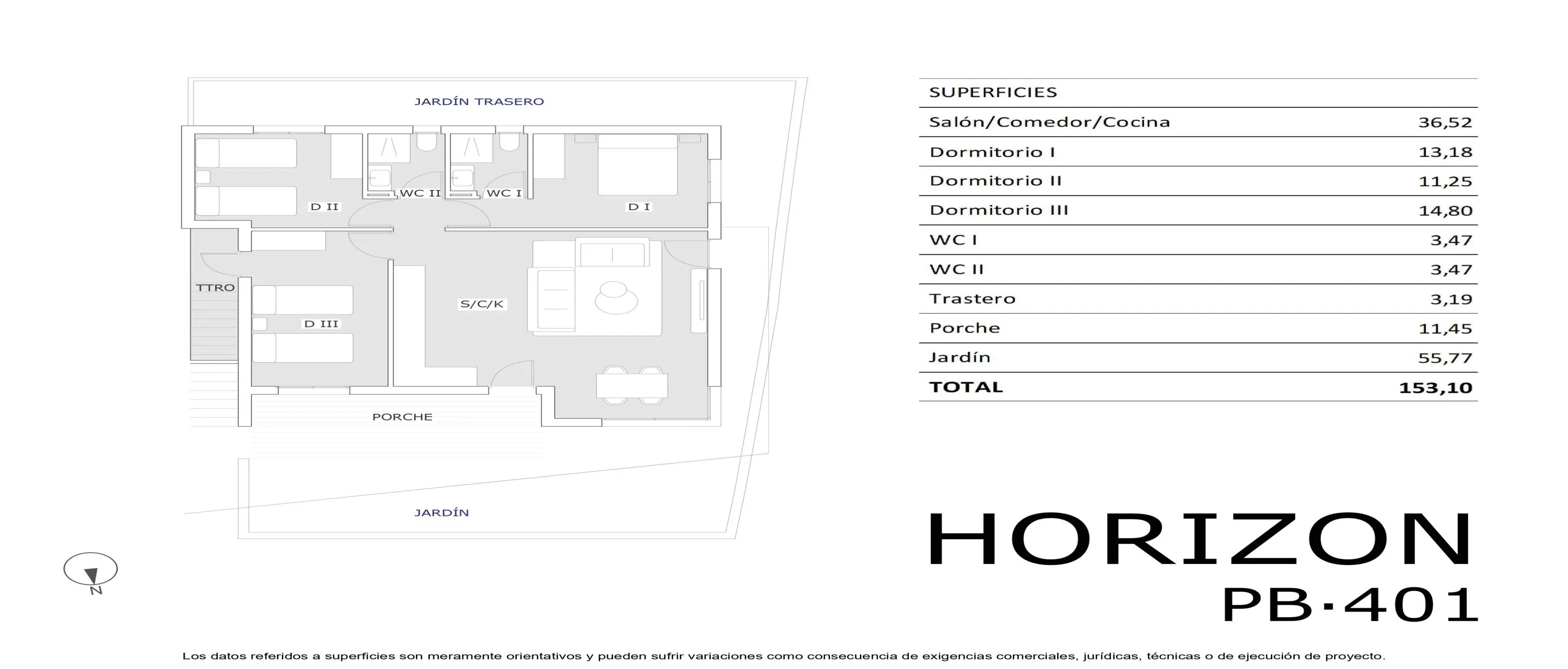 Ground floor · 3 bedrooms floor plan, Horizon Resort II — sheet PB·401