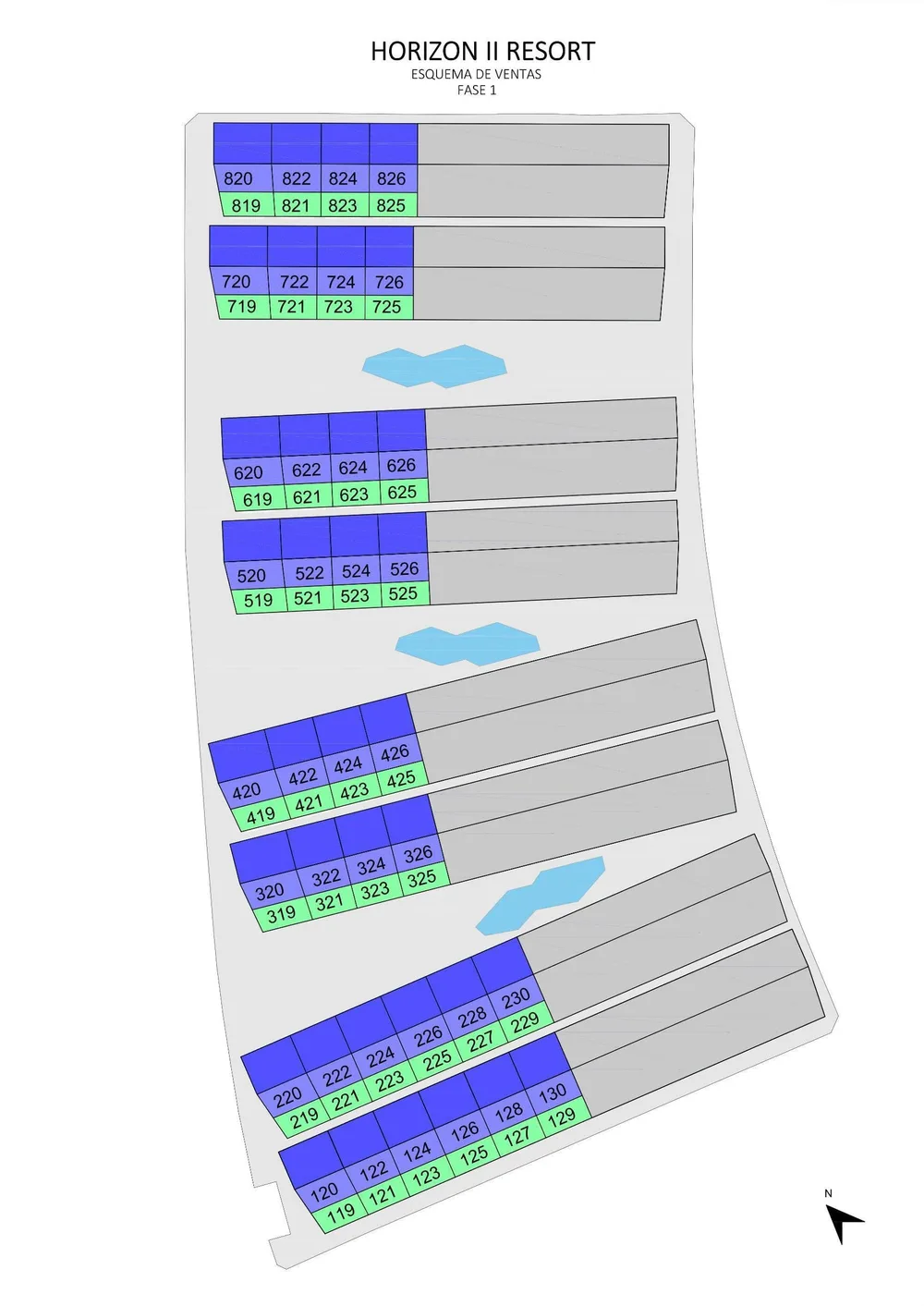 Horizon Resort II Phase 1 site plan showing all 72 plots, colour-coded by ground floor and top floor, with the communal pools