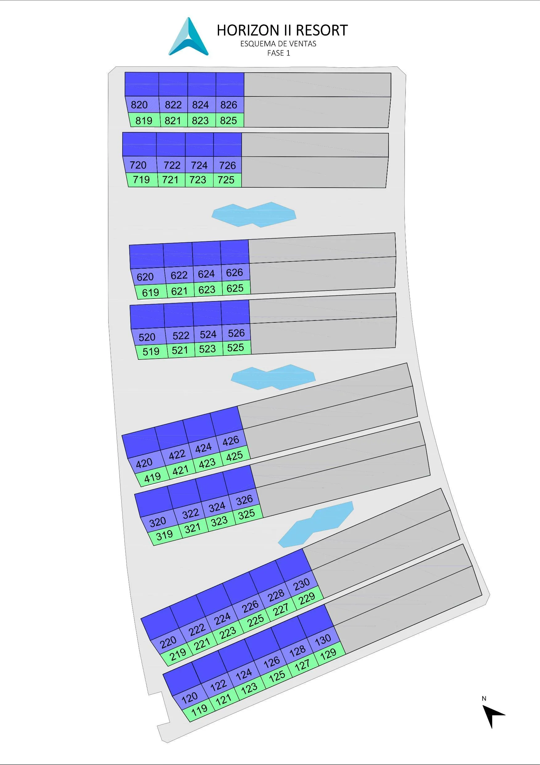 Horizon Resort II Phase 1 site plan showing all 72 plots, colour-coded by ground floor and top floor, with the communal pools
