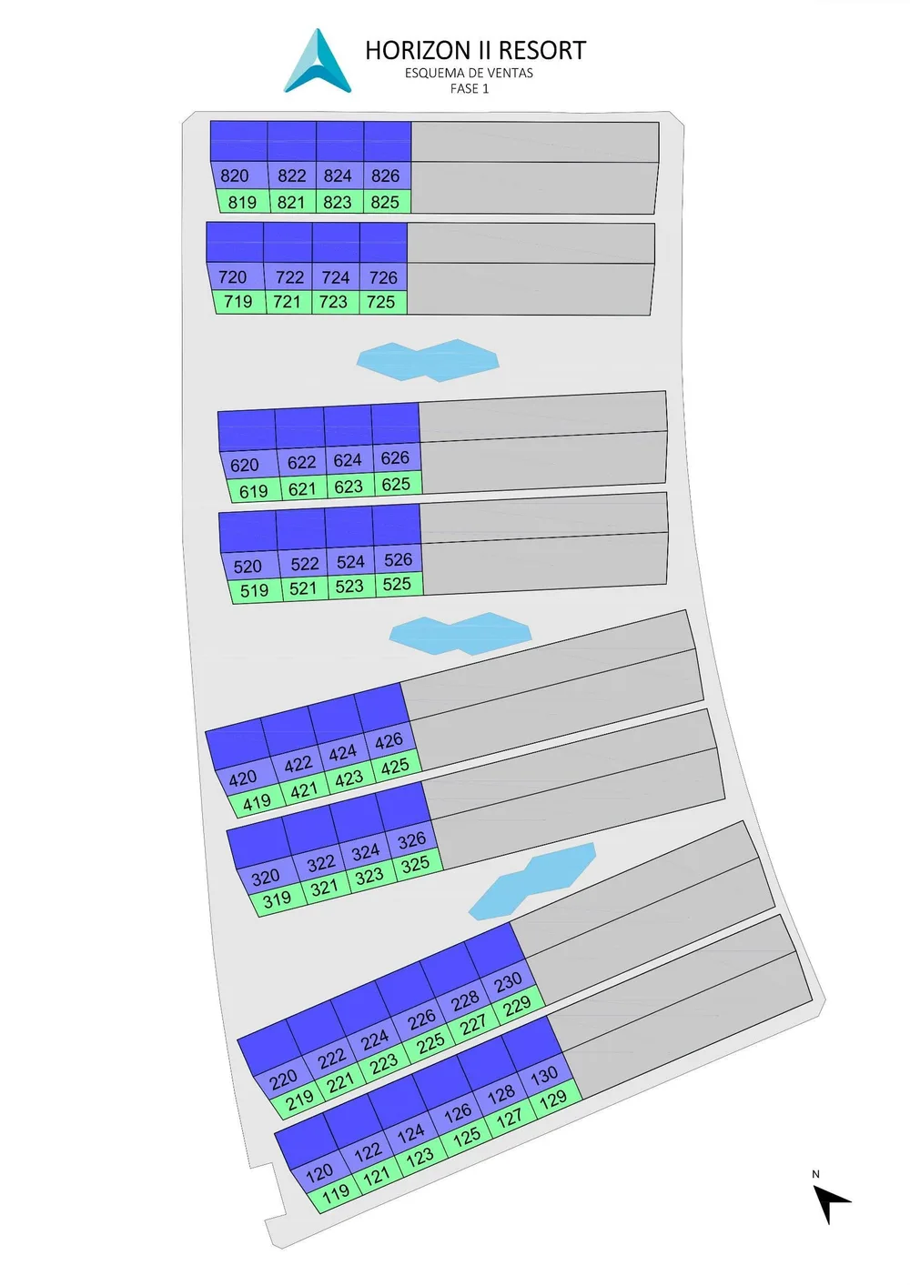 Horizon Resort II Phase 1 site plan showing all 72 plots, colour-coded by ground floor and top floor, with the communal pools